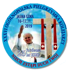 Znaczek pielgrzymkowy z XXXVI Pielgrzymki Kolejarzy na Jasną Górę w 2019 roku.