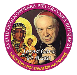 Znaczek pielgrzymkowy z XXXVIII Pielgrzymki Kolejarzy na Jasną Górę w 2021 roku.