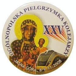 Znaczek pielgrzymkowy z Jubileuszowej już, XXV Pielgrzymki Kolejarzy na Jasną Górę w 2008 roku.