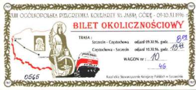 Bilet pielgrzymkowy z 1996 roku