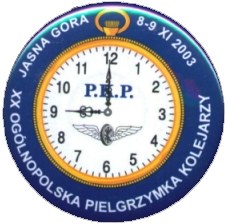 Znaczek pielgrzymkowy z XX Jubileuszowej Pielgrzymki Kolejarzy na Jasną Górę w 2003 roku.