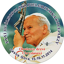 Znaczek pielgrzymkowy z XXXI Pielgrzymki Kolejarzy na Jasną Górę w 2014 roku.